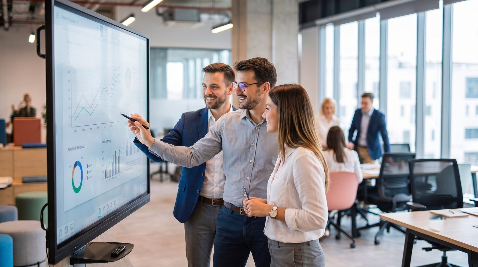 Équipe achats analysant ses KPI sur un tableau de bord